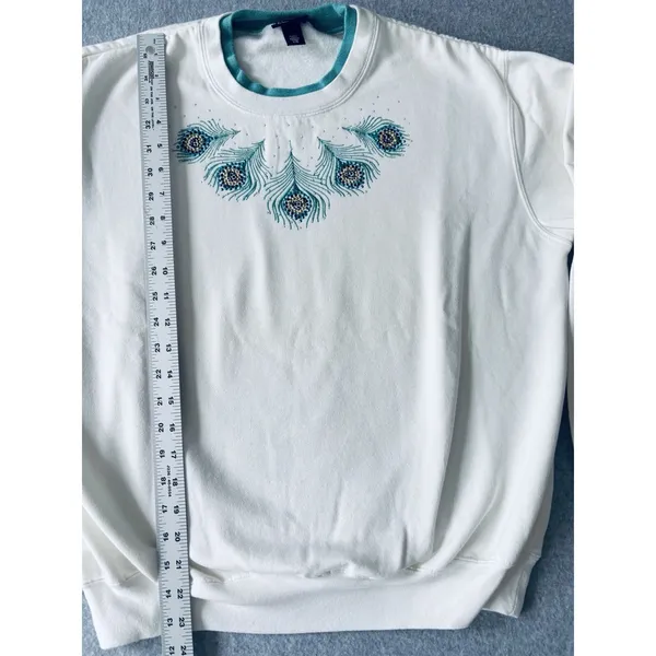 Trilllogy By Morning Sun Blue Peacock Feather Mock Layered Sweatshirt Pullover L - Image 6