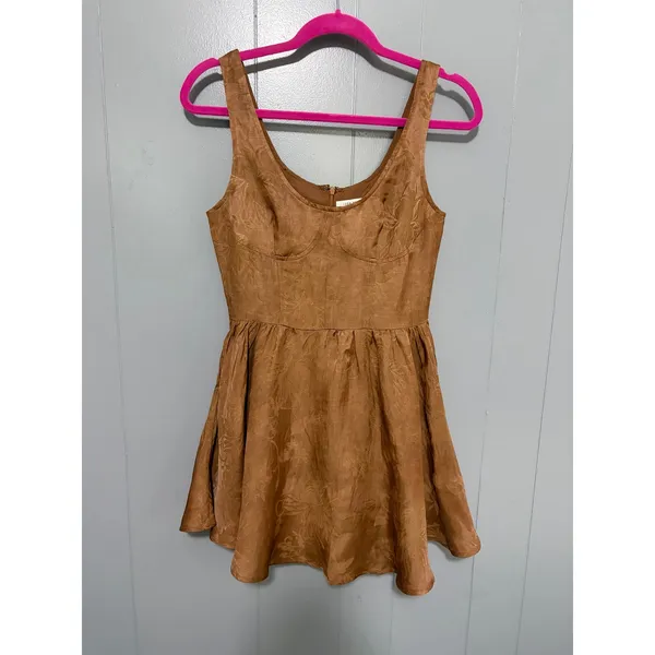 NEW 12th Tribe Brown Kit Mocha Floral Boho Satin Sleeveless Micro Mini Dress S - Image 3