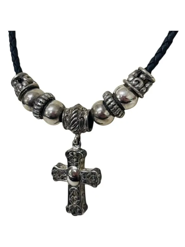 Brighton Silver Cross and Black Leather Necklace - Image 2