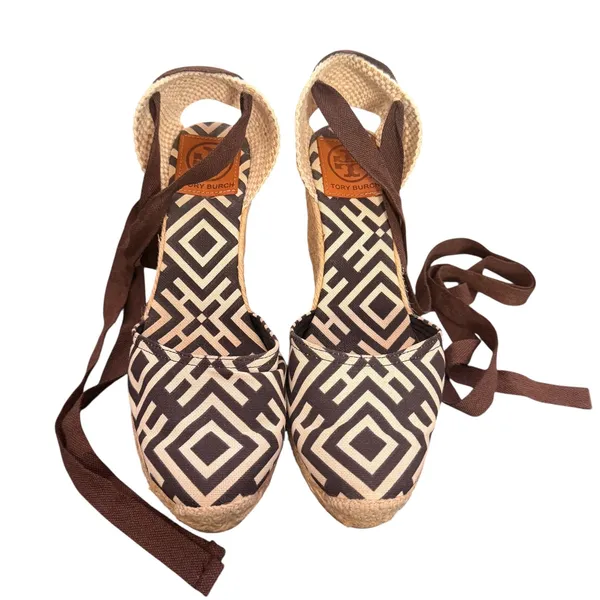 Tory Burch Wedge Espadrille Lace‎ Up Ankle Strap 38 Geometric Canvas Resortwear - Image 2