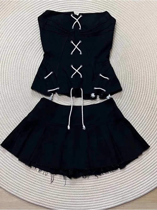 Black Corset Top & Pleated Micro Skort Set Distressed Lace Up Y2K Coquette S - Image 2