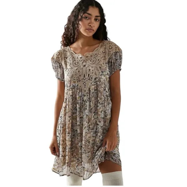 Free People Margot Ivory Printed Mini Dress with Lace Trim Size Extra Small $168 - Image 2