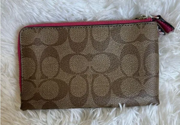 COACH Pink and Brown Signature Coated Canvas Pouch - Image 2