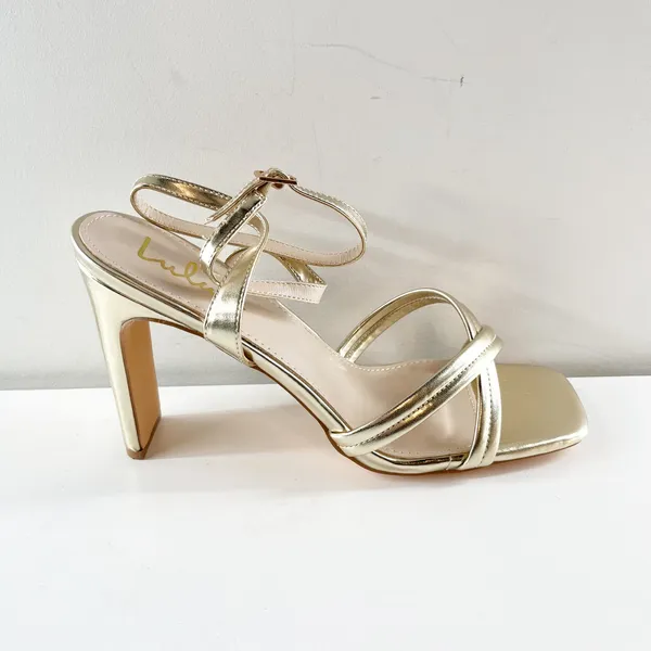Lulus Milanii Square Toe Ankle Strap High Heel Sandals Metallic Gold 10 - Image 6