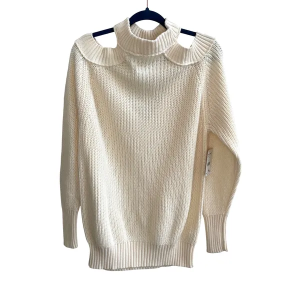 Free People‎ Sweater Womens Medium Ivory Boho Cold Shoulder Mock Neck OB994777 - Image 4