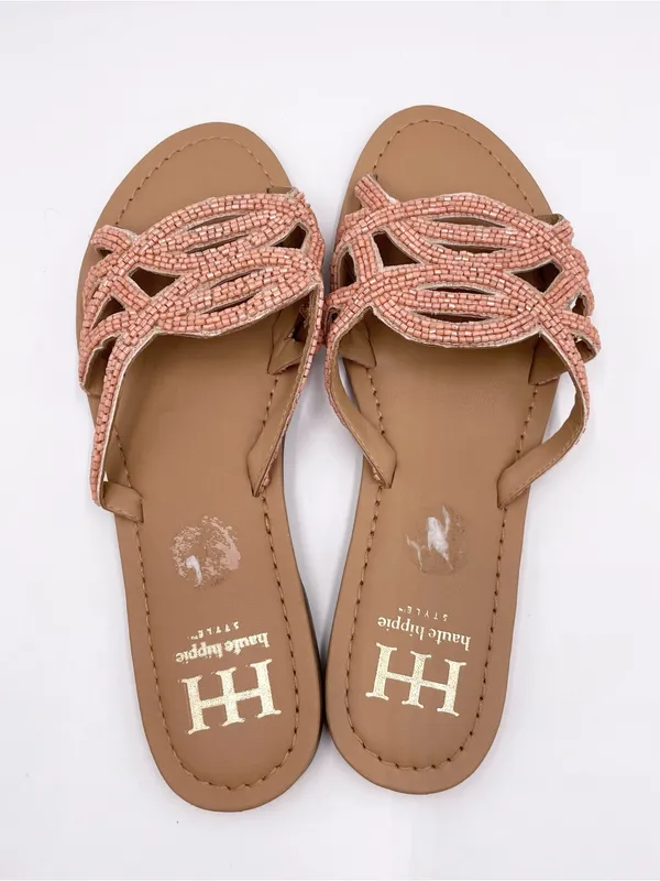Haute Hippie Beaded Embellished Slide Sandals Women's Size 7 Peach Pink Bohemian - Image 10
