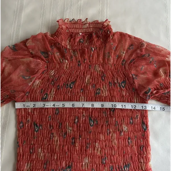 Free People Hello There Floral Sheer Mesh Mock Neck Bell Sleeve Blouse Sz S EUC - Image 11