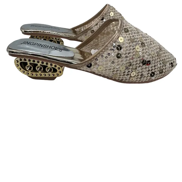 Gold Mesh Slides w/Round Toe Silver & Gold‎ Sequins Open Circle 1.5” Heels - Image 5