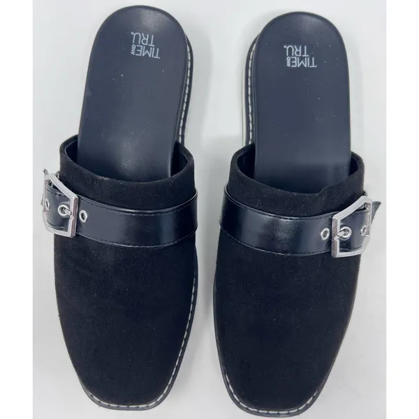 Time and Tru Women's Black Faux Suede Buckle Mules‎ Size 8 - Image 6
