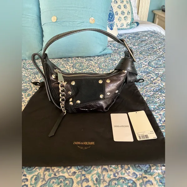 Zadig & Voltaire Black Leather Le Cecilia Patchwork Silver Studded Shoulder Bag - Image 6