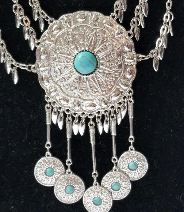 Western Boho Silver Turquoise Crackle Stone Necklace Earrings Set Blue - Image 3