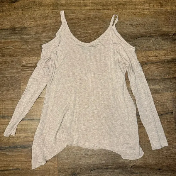 Abercrombie & Fitch Beige Ribbed Knit Cold Shoulder Asymmetrical Hem Tunic Top - Image 8
