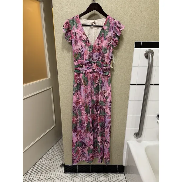 CIEBON Jennsen Ruched Flutter Sleeve Maxi Dress In Pink Size Small Floral - Image 3
