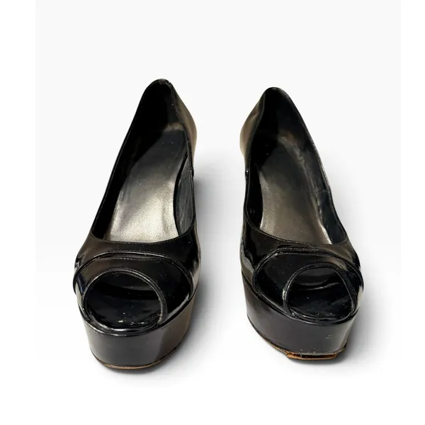 Stuart Weitzman Classic Black Patent Leather Peep Toe Platform Stiletto Size 9 - Image 4