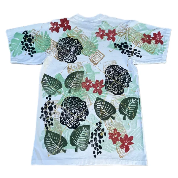 Vintage 90s Nature Cheetah Leopard Floral Safari Maui Hawaii White Graphic AOP T-shirt - Image 2