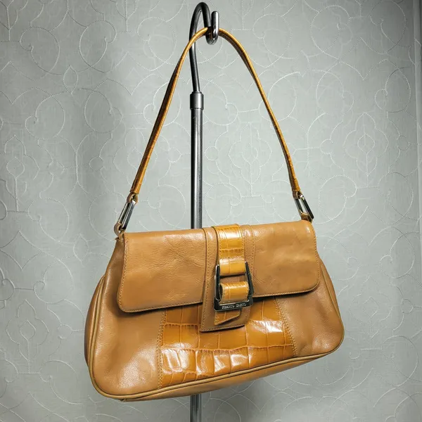 VTG Franco Sarto Y2K Leather Shoulder Bag Tan Alligator Trim Baguette Purse - Image 4