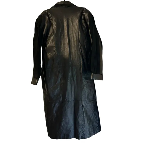 Vintage 90's Marco Morani Black Leather Long Trench Coat Women’s L Suede Trim - Image 7