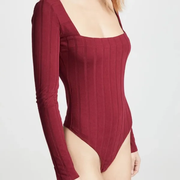 Free People Intimately Wine Red Long‎ Sleeve Beside Me Ribbed Thong Bodysuit S - Image 5