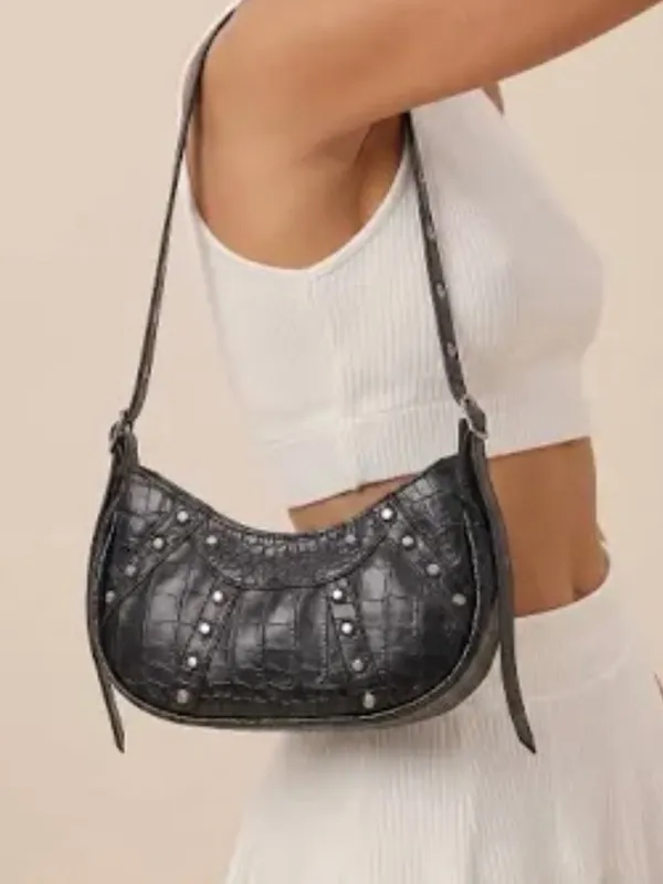 Black Faux Croc-Embossed Shoulder Bag with Stud Detail - Image 2