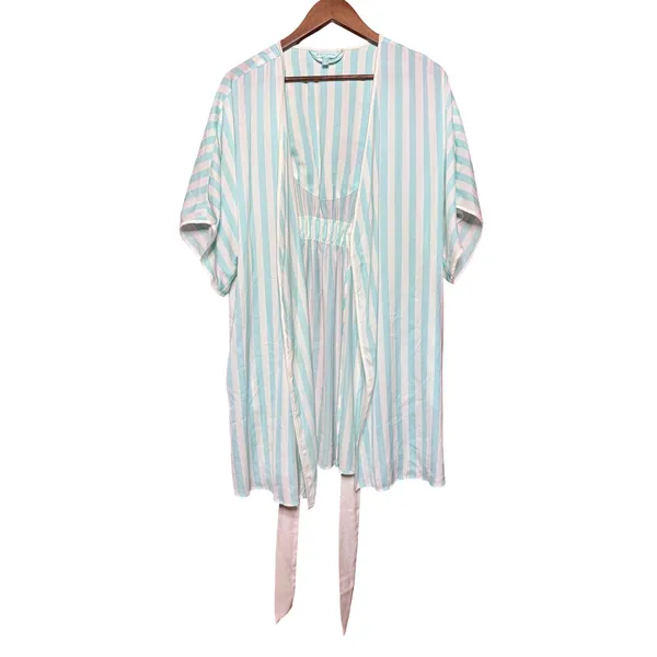 Betsey Johnson Medium Wifey Embroidered Striped‎ Robe Mint Green White Floral - Image 4