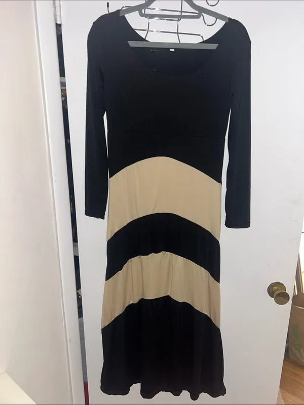 Black & Cream Chevron Color Block Long sleeve Maxi Dress Medium NWOT - Image 3