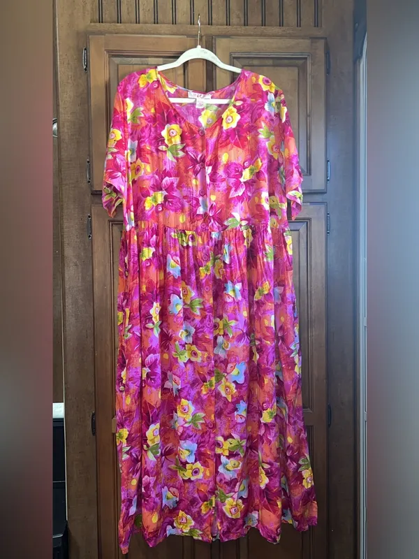 🌸Vintage Sita Floral Maxi Dress 100% Rayon Tropical Button Down Pockets Size L - Image 2