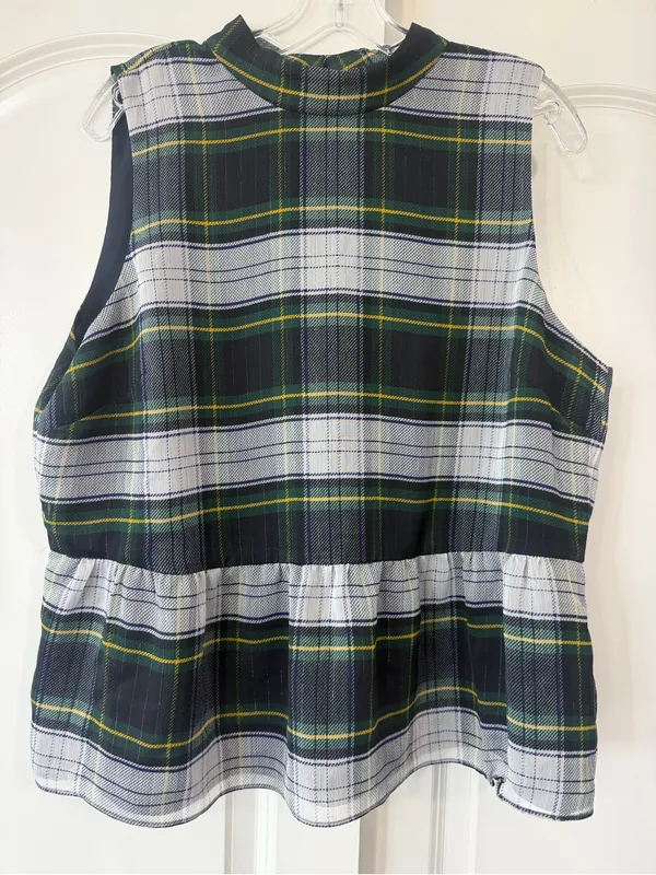 J. Crew Green and Black Plaid Peplum Tank - Image 2