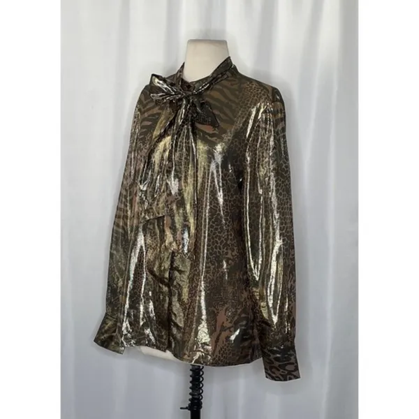 REISS Kendall Metallic Animal Print Tie Neck Blouse Gold Buttondown Size 8 - Image 5