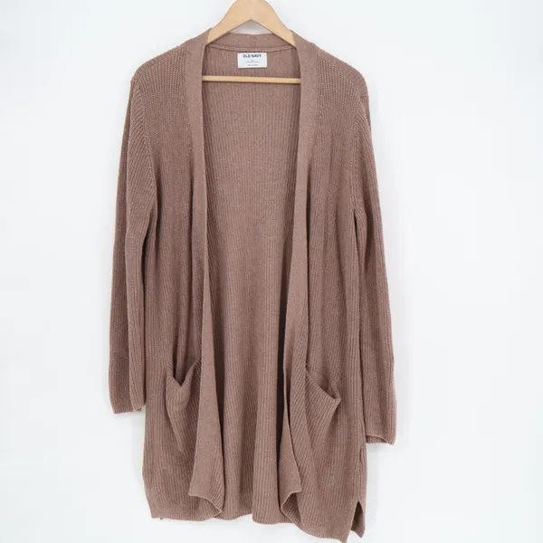 Gap Cardigan Sweater Women Medium Brown Knit Open Front Pockets Side Slit Ribbed - Image 2
