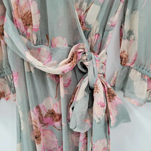 Express Wrap Dress Womens S/M Green Floral Watercolor Sheer Tiered Long Maxi - Image 6