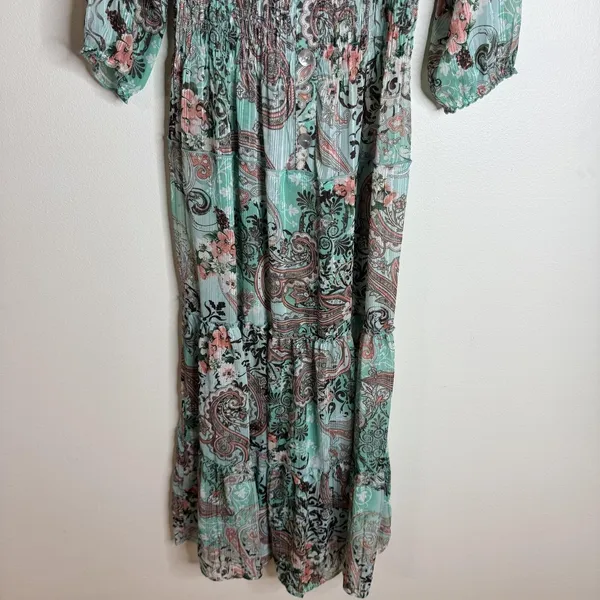 Figueroa & Flower Dress Womens Large Green Paisley Boho Maxi Peasant Button - Image 3