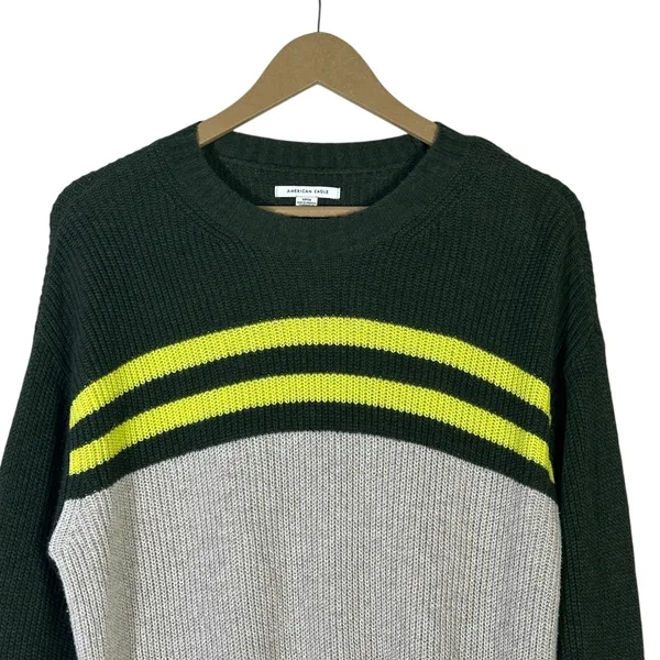 American Eagle Colorblock Striped Crewneck Sweater Green Grey Yellow Size S - Image 3
