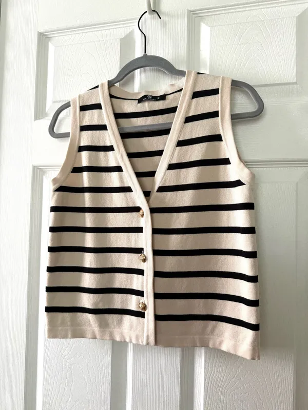 Striped Sweater Button Up Sweater Vest Tan Size XS - Image 8