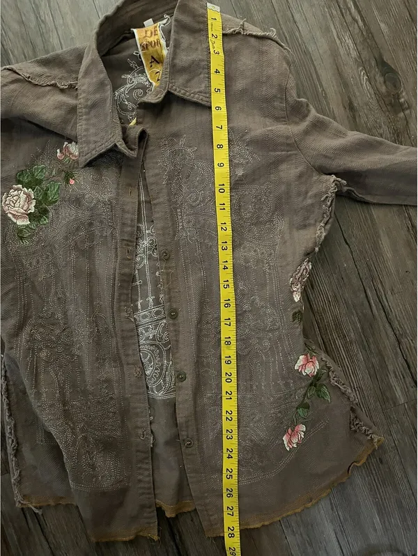 Y2K De Sport Aziza Brown Button Up Shirt Boho Embroidered M - Image 6
