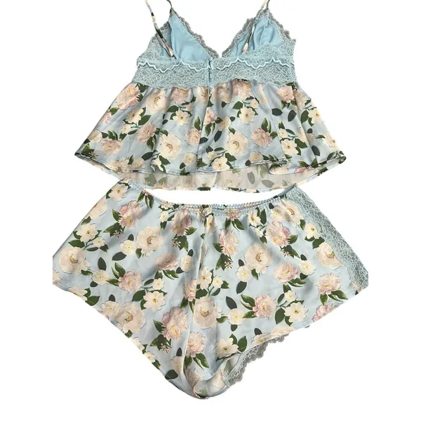 VICTORIA'S SECRET Blue LACE SATIN CAMI Pajama Babydoll S Lounge SET FLORAL I19-1 - Image 11