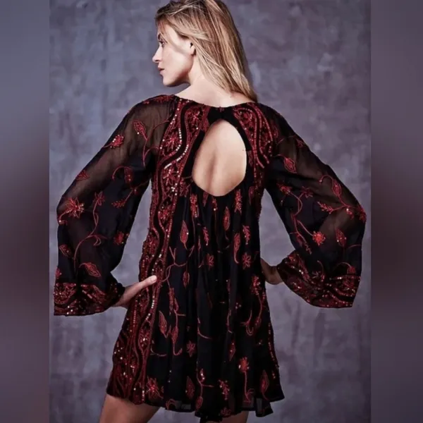 Free People My Beloved Georgette Mini Dress Black Red Sequin Embroidered Fairy 8 - Image 2