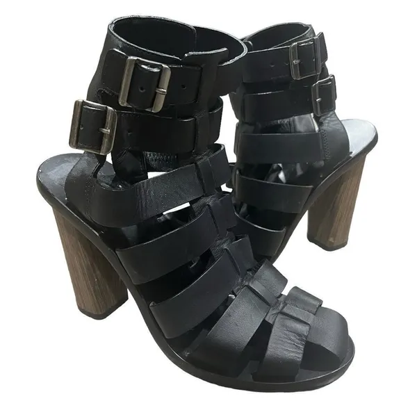 Vince Sandals Caged Strappy Nicolette Womens 5.5M Black Leather Block High Heel - Image 12