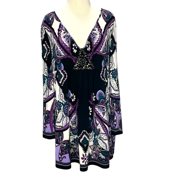 ECI Y2K Babydoll Tunic Dress L Purple Paisley Studded Top Fairy‎ Whimsygoth Boho - Image 2