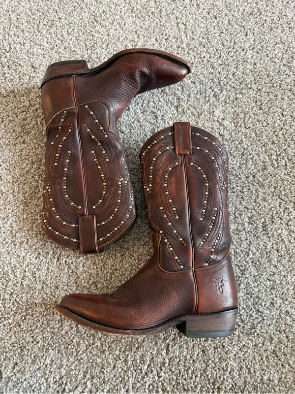 Frye Brown Billy Pull On Leather Studded Tall Cowboy Boot - Image 3