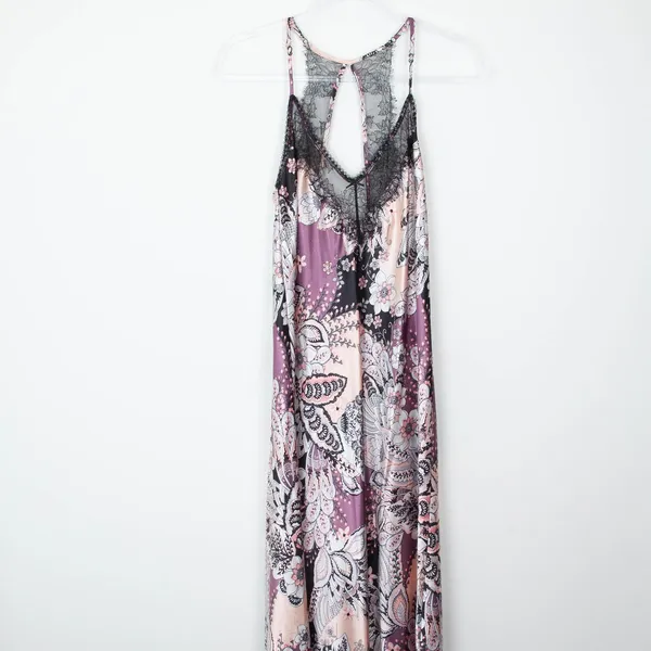 Linea Donatella Floral Paisley Lace‎ Trim Chemise Slip Dress M Purple Pink Satin - Image 2