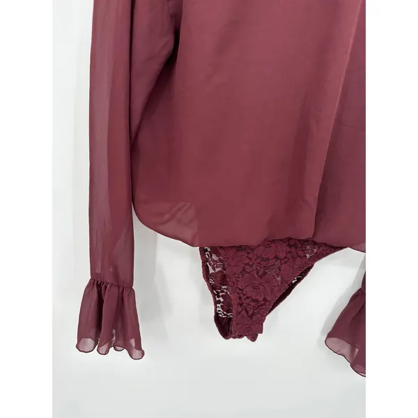 Hot As Hell Mama Jen Bodysuit Top Womens S Wine Sheer Lace Open Back Y2K - Image 4