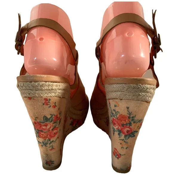 Jessica Simpson "Jp Mason" Brown Faux Leather & Floral Print Wedge Sandals (8) - Image 6