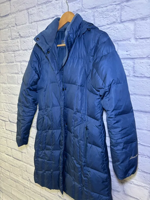 Eddie Bauer Goose Down Filled Hooded Womens Trench Coat Parka Small Blue Winter - Image 6