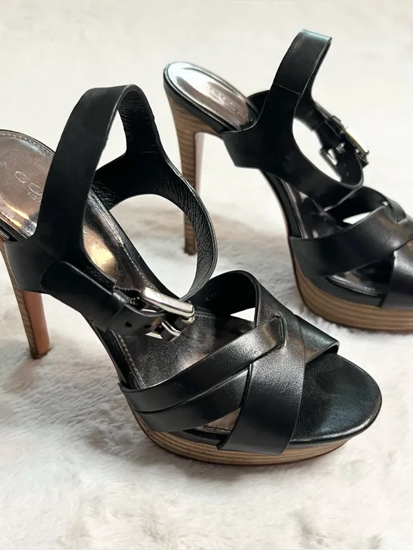 Coach Black Vegan Leather Crisscross Platform Stiletto Heel Dani Sandals Size 6 - Image 4