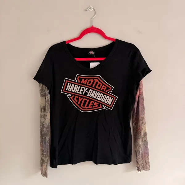 Y2k Black Harley Davidson Sheer Graphic Long Sleeve Top - Image 2