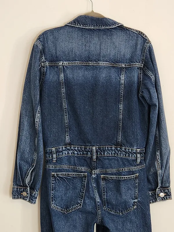 Zara Medium Wash Bootcut Denim Jumpsuit Size Medium - Image 5