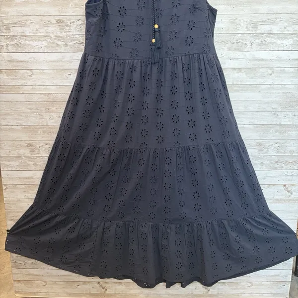 Sweet Magnolia Womens L Maxi Dress Navy Blue Eyelet Cotton Boho Coastal Tassel - Image 4