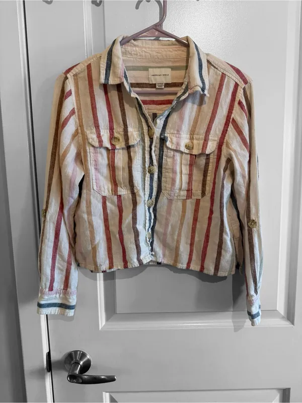 American Eagle Outfitters Striped Button-Down Shirt in Cream, Red & Blue - Image 2