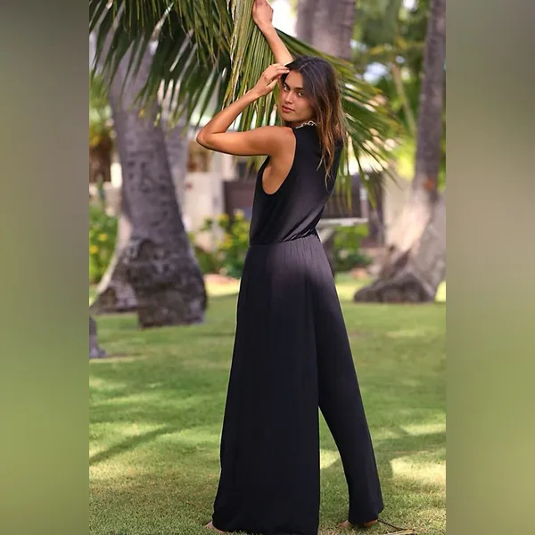Free People FP Beach Effortless One Piece Wide Leg Jumpsuit in Black Medium - Image 2