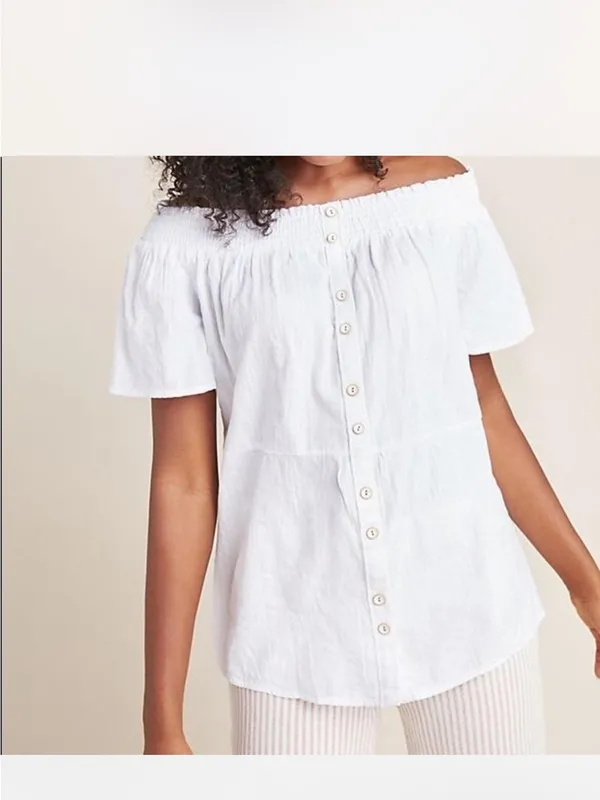 ANTHrOPOLOGIE Lucille White Off Shoulder Top medium - Image 5
